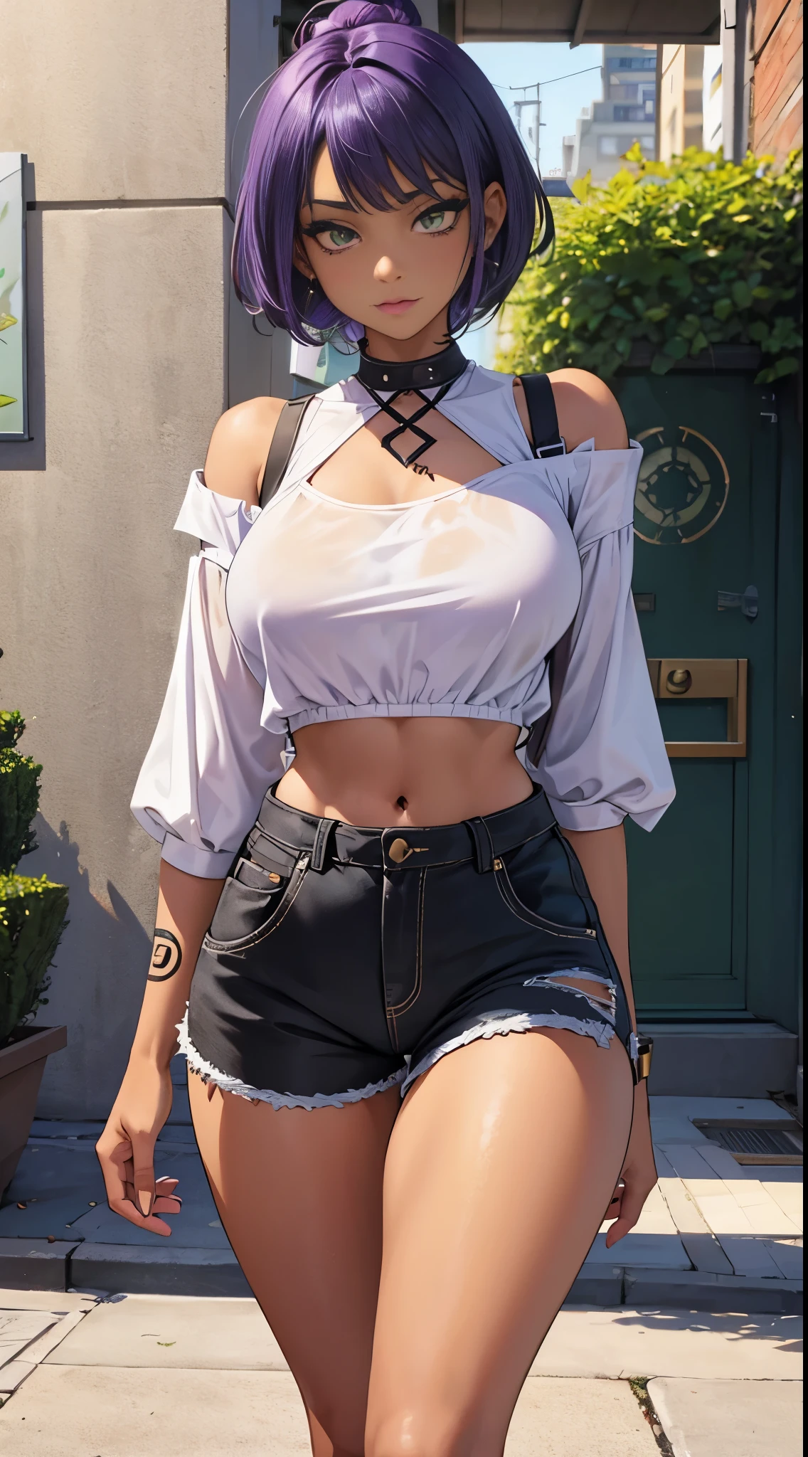 Beautiful black girl, had green eyes, Purple Hair, He has several tattoos all over his body., Wearing shorts, The outline of her thighs is clearly visible, Wearing a short blouse, Show me your belly