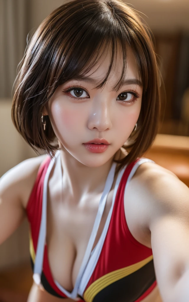 Highly detailed CG Unity 8K wallpapers,top Quority,ultra-detailliert,tmasterpiece,realisticlying,photograph realistic,Very detailed cute girl,2 old,musculature,Microabs,Round eyes,peeping at the viewer,Be red in the face,parted lip,selfie shooting, track sexy wear, living room,