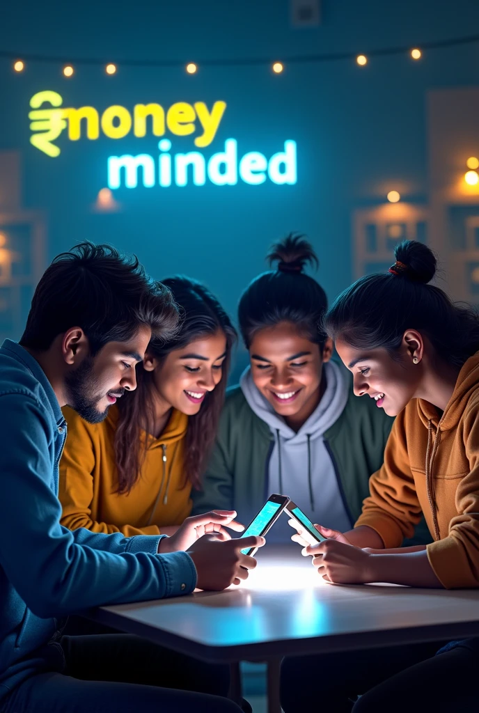 A group of 5 young Indian students sitting around and using smartphones to earn money . Background contains the word "Money Minded" and Indian rupees symbol seen in background .