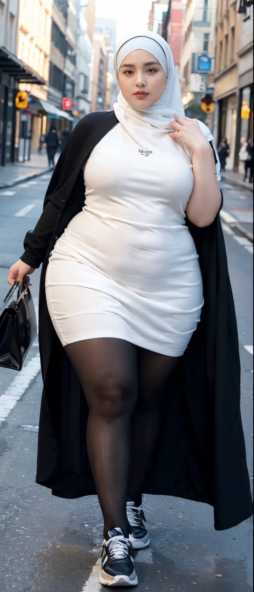 Milky white skin woman in black dress and hijab walking down the street, ,  hijab outfit, ,  hijab fashion model, plus size, plus size woman, ,  woman in black robes, beautiful woman, thicc, black outfit,, bbwchan , white sneakers , Height 170 cm, beautiful woman, with a beautiful appearance, a very beautiful masterpiece, a masterpiece of art, good lighting, Bright colors, Clean lines