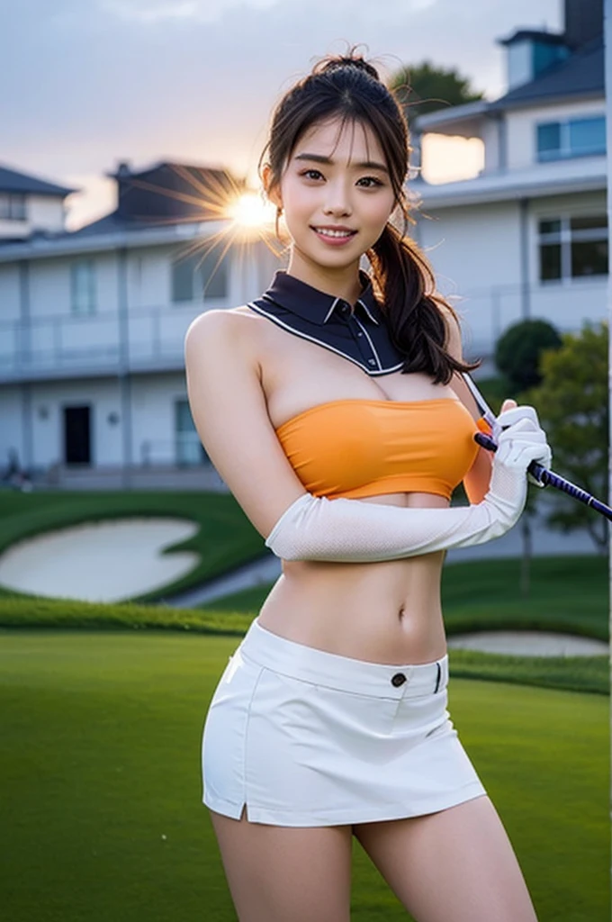 Highly detailed CG Unity 8K wallpapers, With the highest quality, Very detailed, masterpiece, Realistic, Realistic photos, Very detailedかわいい女の子, alone、thin, (タイトなGolf Wear) , (Golf Mini Flare Skirt) , (Wearing golf gloves)、smile , thin body, ((Large Breasts))、Viewers watch, Full Body Shot , Golf course , Sun visor, ponytail,Japanese women、light makeup、Baby Face、セクシー