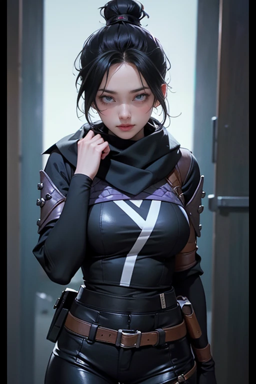 Foto de corpo inteiro, (Highly detailed CG Unity 8k wallpaper),(masterpiece), (highest quality), (super detailed), (Best Illustration),(best shadow), Wraith apex legends, pretty face focus, Masterpiece artwork, best qualityer, kissshotms, 1 girl, natta, Efeito de Luz, Masterpiece artwork, best qualityer, 1 girl, mature woman, breasts big, 8k, UHF, (abdomen, )muscular woman, Waist slender, detailedeyes, FGO1, 1stClothing, 1 girl, solo, hair bun simples, hair bun, scarf, sultry posing, Bblack hair, black scarf, blue colored eyes, bangss, bangss distributed, Hair behind the ear, mitts, piercing no nariz, mitts pretas