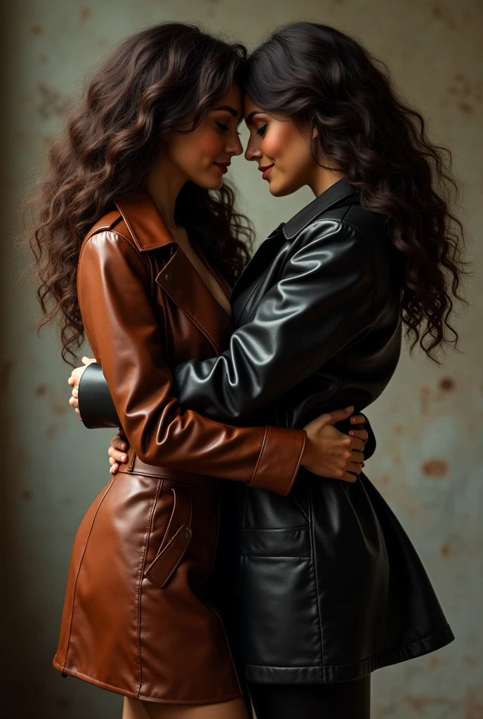 A brunette girl with curly hair in leather trench  coat and pants and her girlfriend in short skirt hugging passionately with hands on the waist, while making eye contact taking a realistic photo, best quality, 4k, 8k, highres,masterpiece:1.2,ultra-detailed,realistic,photorealistic,photo-realistic:1.37,HDR,UHD,studio lighting,ultra-fine painting,sharp focus,physically-based rendering,extreme detail description,professional,vivid colors,bokeh,portrait