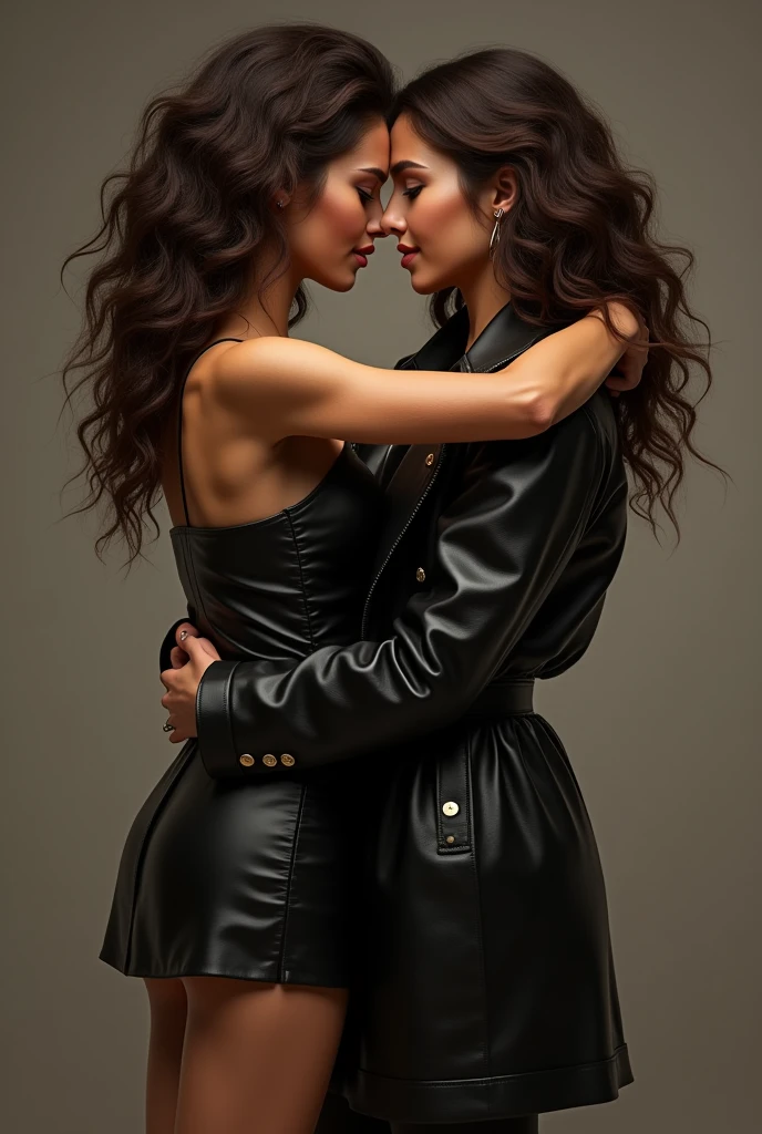 A brunette girl with curly hair in leather trench coat and pants and her girlfriend in short skirt hugging passionately with hands on the waist, while making eye contact taking a realistic photo, best quality, 4k, 8k, highres,masterpiece:1.2,ultra-detailed,realistic,photorealistic,photo-realistic:1.37,HDR,UHD,studio lighting,ultra-fine painting,sharp focus,physically-based rendering,extreme detail description,professional,vivid colors,bokeh,portrait