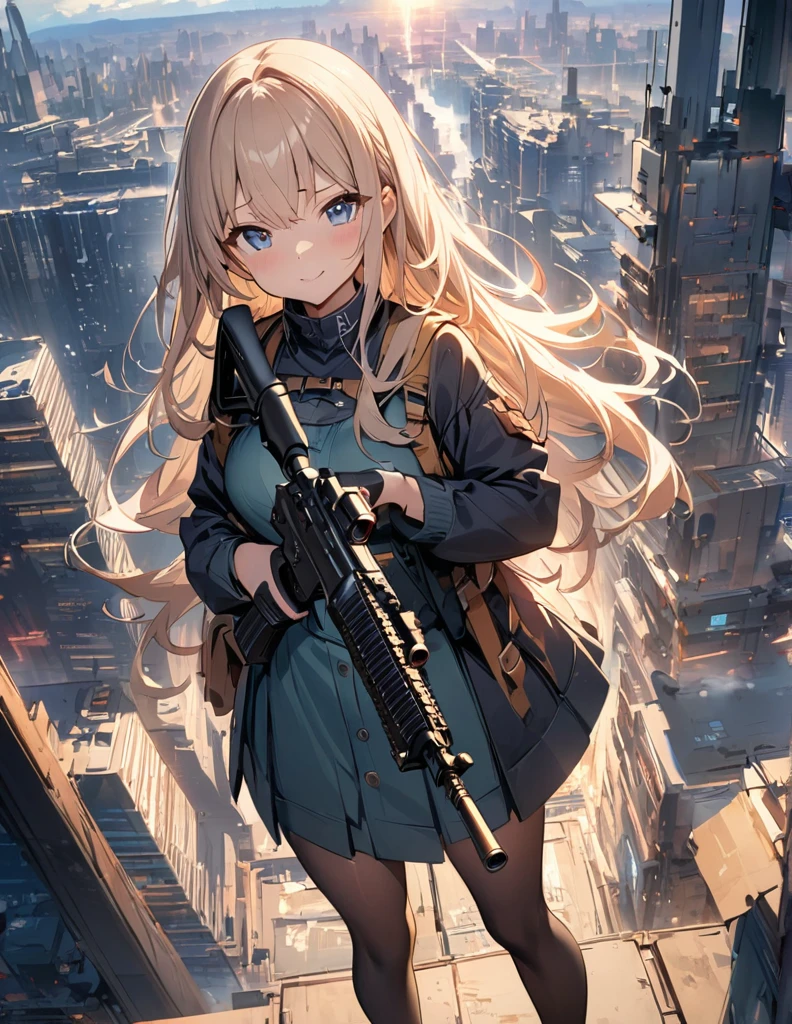 (anime)、(masterpiece:1.2),Atmospheric perspective,Lens flare、Ultra-wide background focused on the girl、Future City、girl standing on the roof、cute、Another World M4 Carbine，Possession of a gun