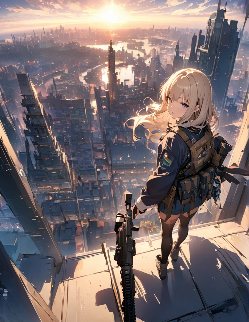 (anime)、(masterpiece:1.2),Atmospheric perspective,Lens flare、Ultra-wide background focused on the girl、Future City、girl standing on the roof、cute、Another World M4 Carbine,Possession of a gun