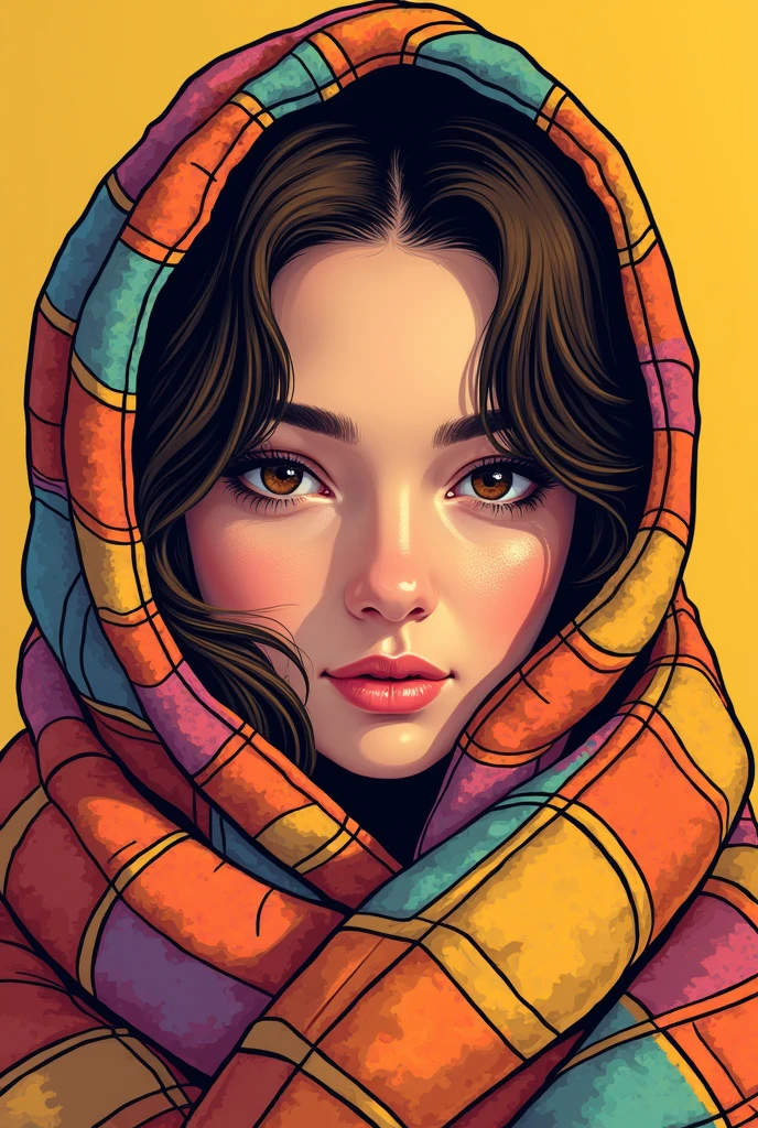 Close up professional photo of a young woman wrapped in a colorful warm quilt, Cartoon shading, bold outlines, Flat color, sombras bem definidas, graphic style, (comics影响:1.3), Clear lines, Eye-Catching Visuals,comics