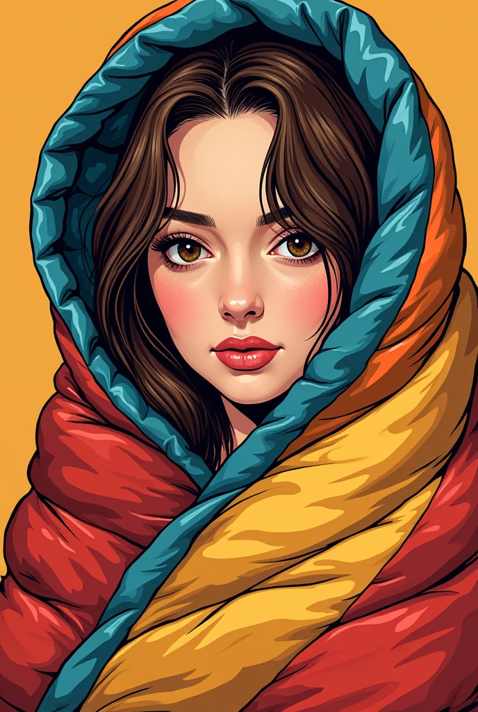 Close up professional photo of a young woman wrapped in a colorful warm quilt, Cartoon shading, bold outlines, Flat color, sombras bem definidas, graphic style, (comics影响:1.3), Clear lines, Eye-Catching Visuals,comics