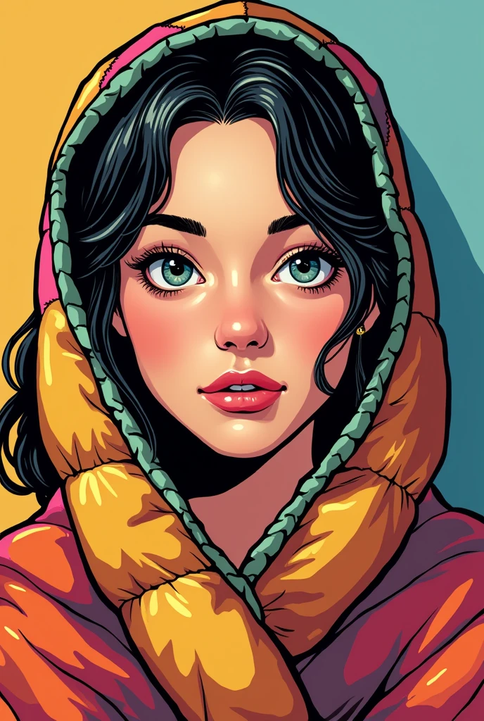 Close up professional photo of a young woman wrapped in a colorful warm quilt, Cartoon shading, bold outlines, Flat color, sombras bem definidas, graphic style, (comics影响:1.3), Clear lines, Eye-Catching Visuals,comics