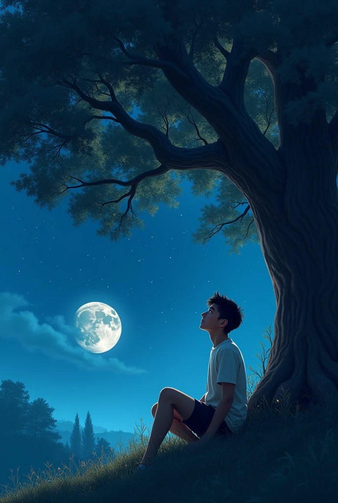 18 year boy sit under a beautiful tree at night
With full moon and with many star