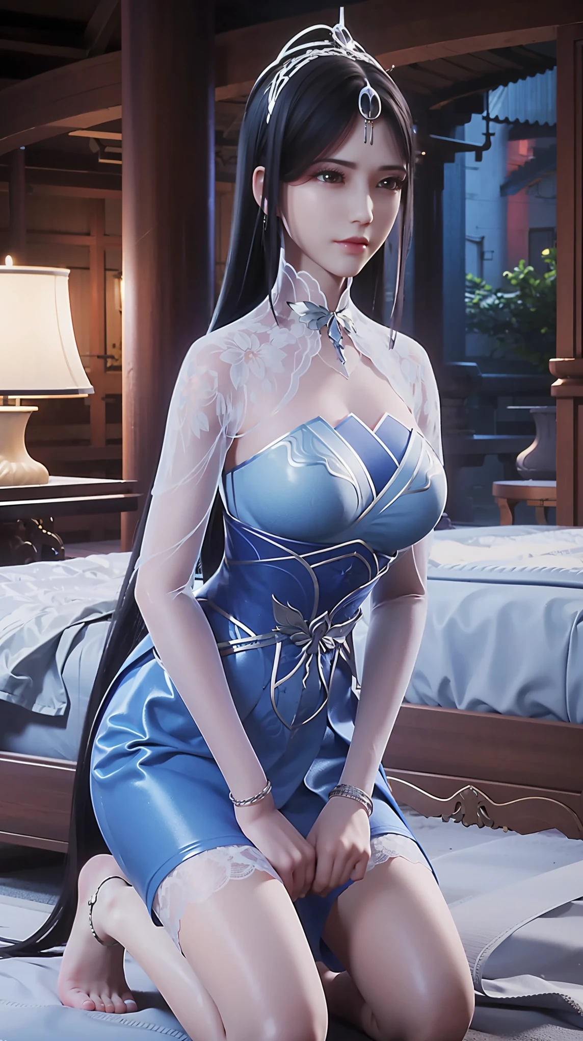 best quality,masterpiece,The Ultimate Solution,Fluffy,Extremely colorful,Mature beautiful woman,(Dress school uniform),Lace skirt,(Beautiful woman beheaded),Normal posture,(Kneeling),Kneeling on the bed,shackles,Beheading,collar,barefoot,Normal posture