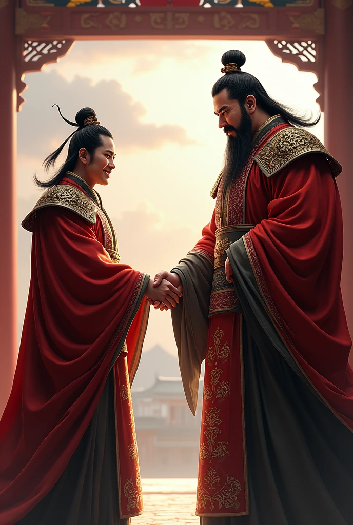 Cao Cao smiled and shook hands with Guan Yu who had a beard.