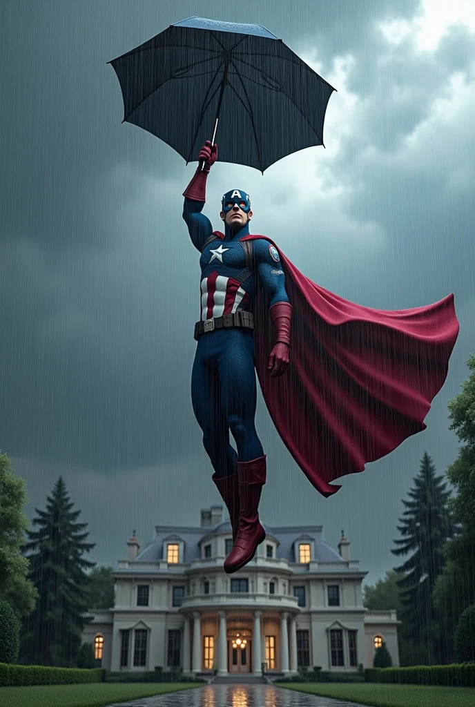 captain America , floating in the air with his cape, protecting a luxury home , protecting her from rain storms with an umbrella , put it on the roof flying over the house sideways with your arm above , that is in a horizontal position on its side and that it is raining heavily