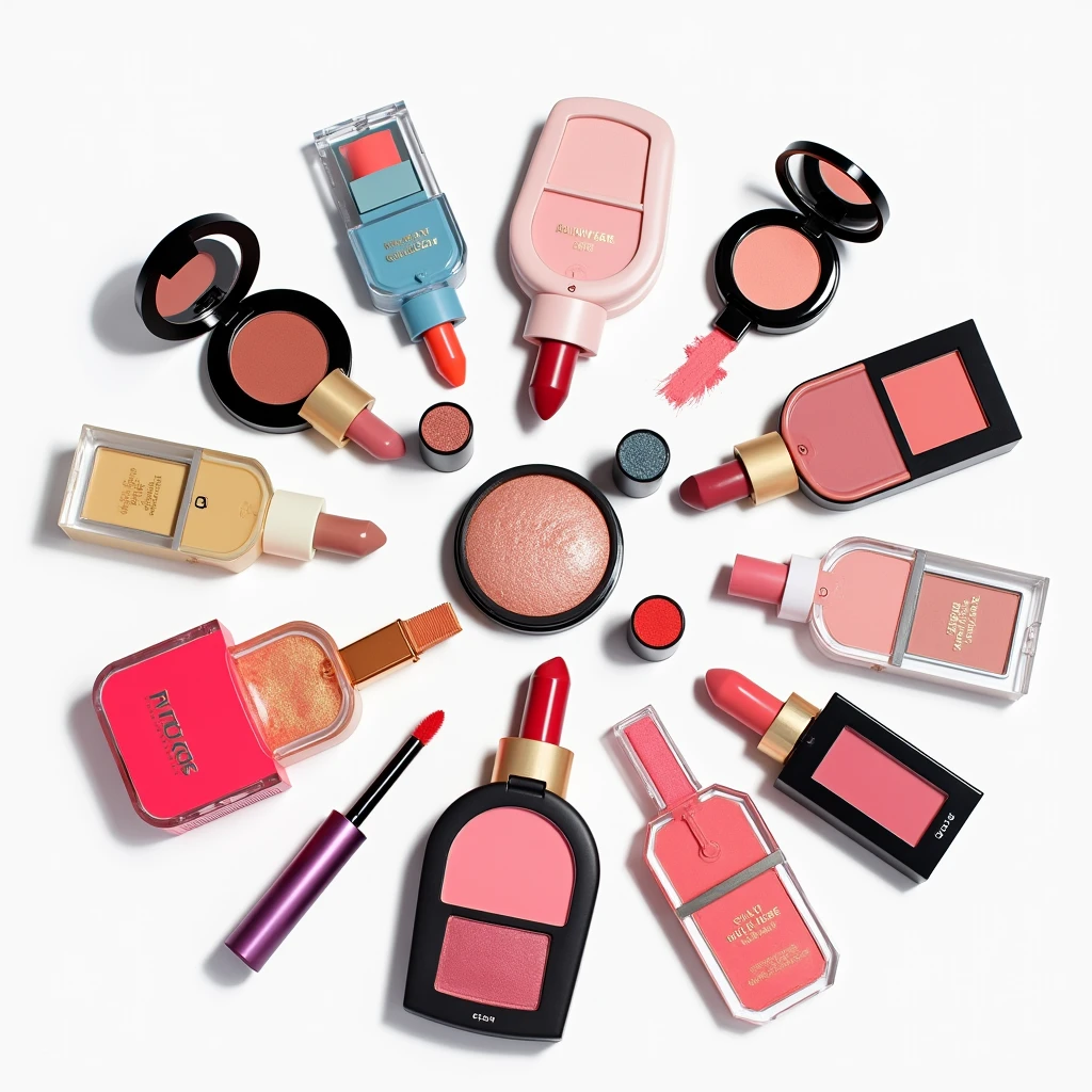 "Colorful cosmetics of various types neatly spaced on a white background, arranged to create a stylish, editorial look."