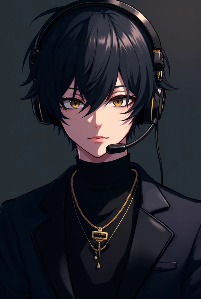 Black hair boy wearing headset and black clothes wearing gold necklace anime boy