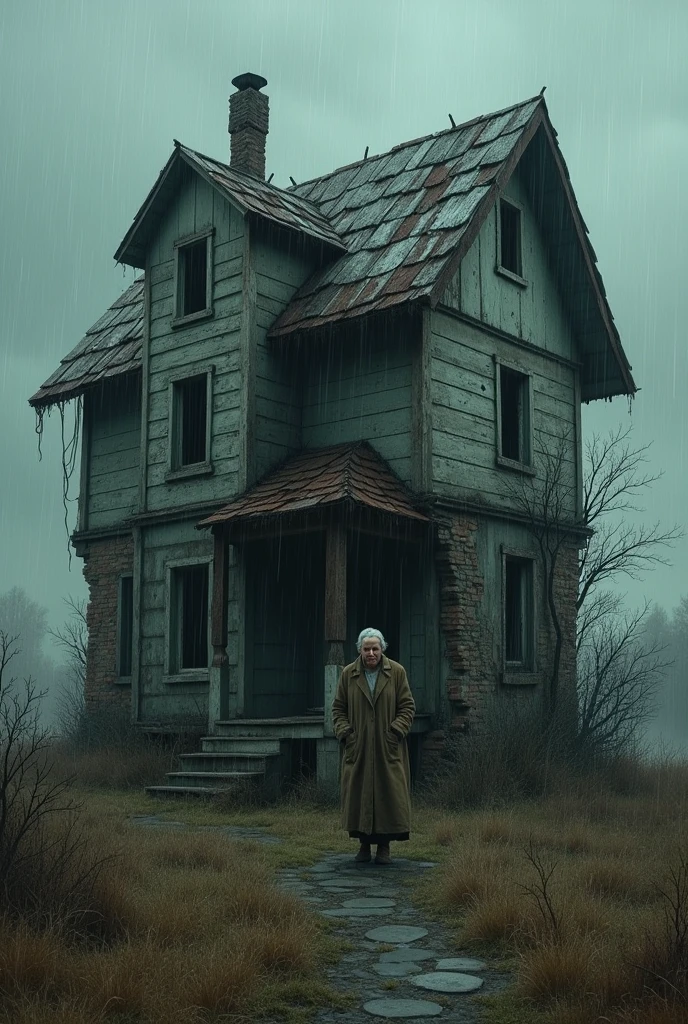 Old house been held up by a poor lady in the rain