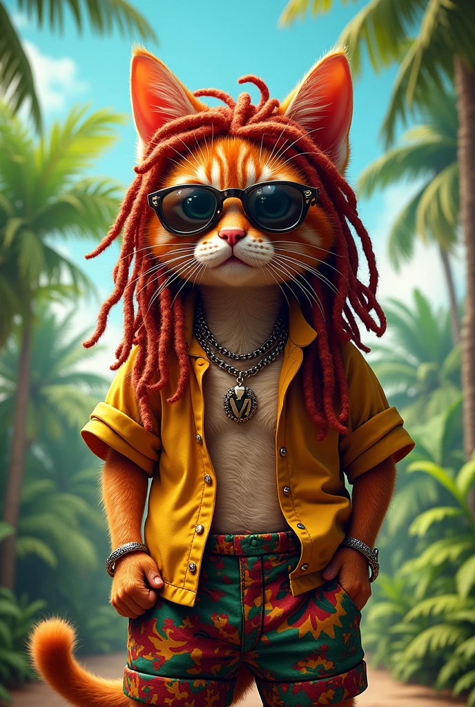 create for me a cat in red dreds with a Jamaican outfit and sunglasses