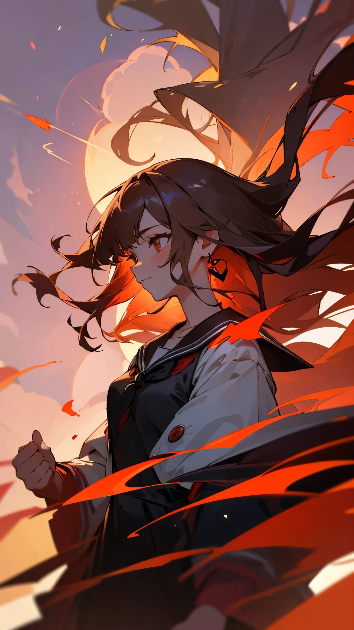 8k resolution, absurdres, cowboy shot, cyberpunk, girl, student, light smile, long hair, brown hair, bob hair, drop earrings, necklace, sailor shirt, sailor suit, sunset, city, Cinematic Lighting, beautiful detailed glow, floating ashes, beautiful and detailed explosion, red moon, fire, fire cloud, wings on fire, a cloudy sky, smoke of gunpowder, burning, black dress, dove of peace, (floating cloud:1.2)