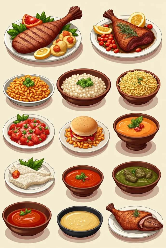 illustrated israeli main dishes that include meat, fish, Chicken, pasta and typical soups on a beige background on a restaurant table