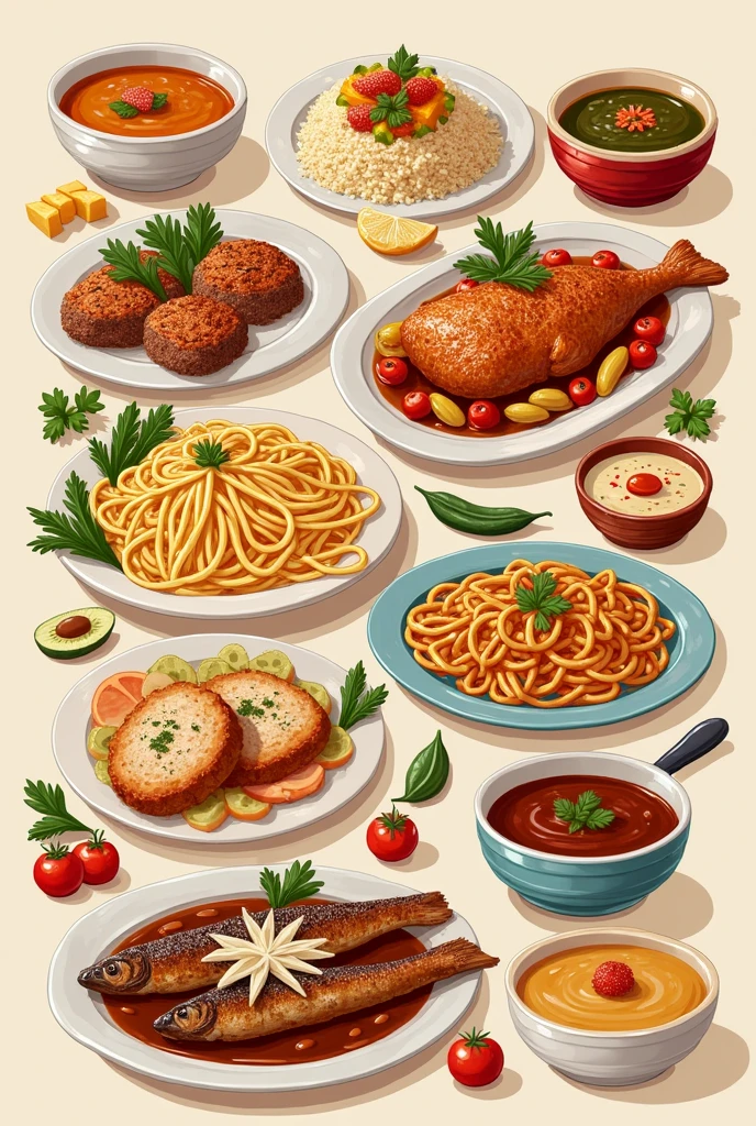 illustrated israeli main dishes that include meat, fish, Chicken, pasta and typical soups on a beige background on a restaurant table