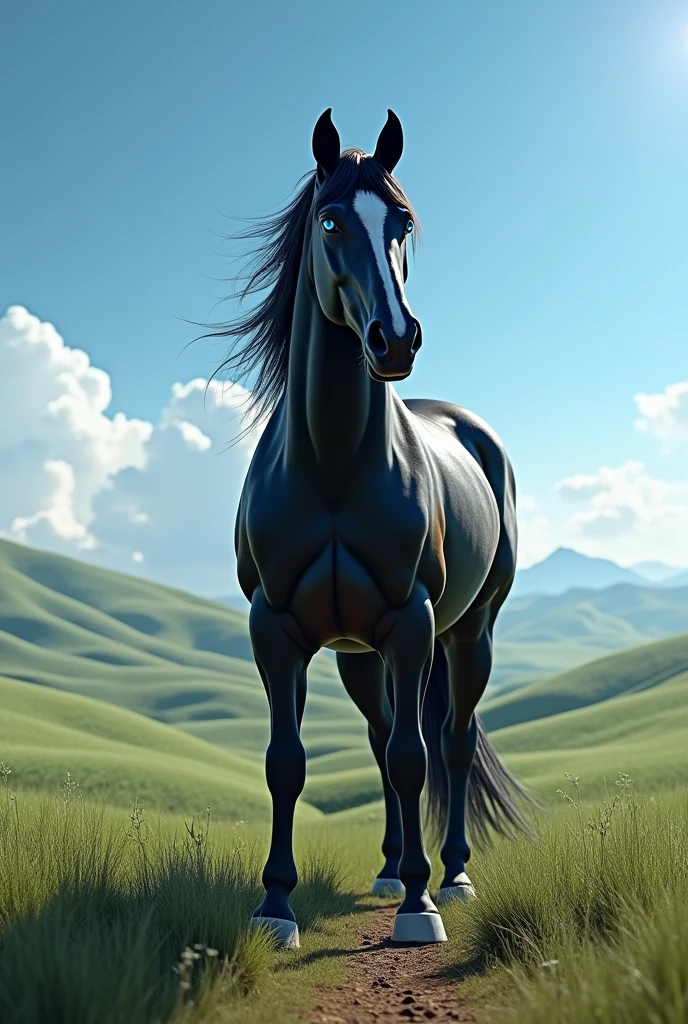 Black horse with blue eyes on the prairie