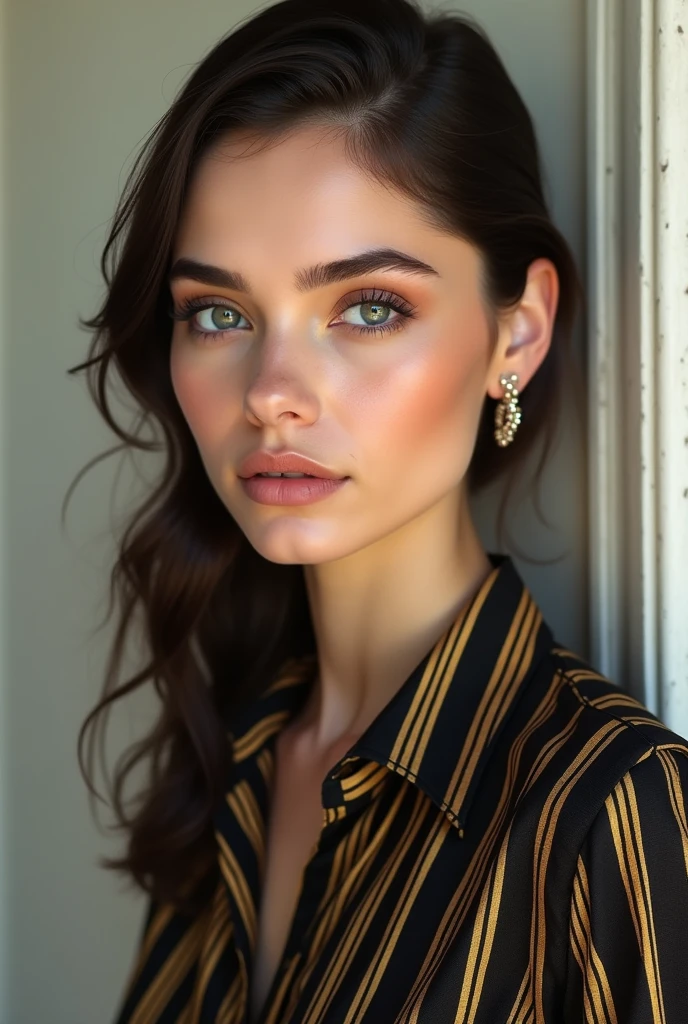 Woman in black and gold striped button down shirt