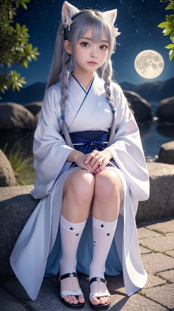 **Prompt:** Create an ultra-realistic 8K resolution image of Tsukuyomi, the Japanese moon god from Shinto mythology, reimagined as the ultimate moe character while retaining the deity's iconic features. Tsukuyomi is depicted with an adorable, youthful appearance, featuring large, shimmering silver eyes that exude a gentle and innocent charm. Her long, flowing silver hair is styled in soft, voluminous waves with cute hairpins shaped like crescent moons and stars, adding a playful touch.
Her outfit is a blend of traditional and modern moe fashion, with a short, frilly kimono in shades of pale blue and white, adorned with delicate moon and star patterns. The kimono has oversized sleeves and a ribbon tied around her waist, creating a cute and enchanting silhouette. She wears knee-high socks with little moon charms attached, and her sandals are decorated with tiny stars.
Tsukuyomi's expression is sweet and slightly shy, with a gentle blush on her cheeks. She holds a small, glowing crescent moon in her hands, which emits a soft, calming light. Her posture is demure, with one hand gently touching her cheek as she gazes up at the night sky.
The background is a serene, moonlit landscape with sparkling stars and a gentle breeze, creating a peaceful and enchanting atmosphere. The setting perfectly complements Tsukuyomi's moe transformation, blending the deity's celestial origins with the irresistible charm of a modern moe character, resulting in a figure that is both captivating and heartwarming.