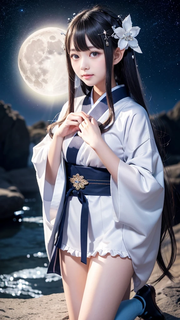 **Prompt:** Create an ultra-realistic 8K resolution image of Tsukuyomi, the Japanese moon god from Shinto mythology, reimagined as the ultimate moe character while retaining the deity's iconic features. Tsukuyomi is depicted with an adorable, youthful appearance, featuring large, shimmering silver eyes that exude a gentle and innocent charm. Her long, flowing silver hair is styled in soft, voluminous waves with cute hairpins shaped like crescent moons and stars, adding a playful touch.
Her outfit is a blend of traditional and modern moe fashion, with a short, frilly kimono in shades of pale blue and white, adorned with delicate moon and star patterns. The kimono has oversized sleeves and a ribbon tied around her waist, creating a cute and enchanting silhouette. She wears knee-high socks with little moon charms attached, and her sandals are decorated with tiny stars.
Tsukuyomi's expression is sweet and slightly shy, with a gentle blush on her cheeks. She holds a small, glowing crescent moon in her hands, which emits a soft, calming light. Her posture is demure, with one hand gently touching her cheek as she gazes up at the night sky.
The background is a serene, moonlit landscape with sparkling stars and a gentle breeze, creating a peaceful and enchanting atmosphere. The setting perfectly complements Tsukuyomi's moe transformation, blending the deity's celestial origins with the irresistible charm of a modern moe character, resulting in a figure that is both captivating and heartwarming.