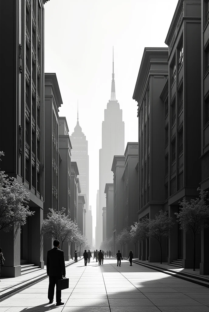 Create an image in which multiple buildings can be seen and which has only one vanishing point and which has some runs and changes of direction that is in black and white for coloring.