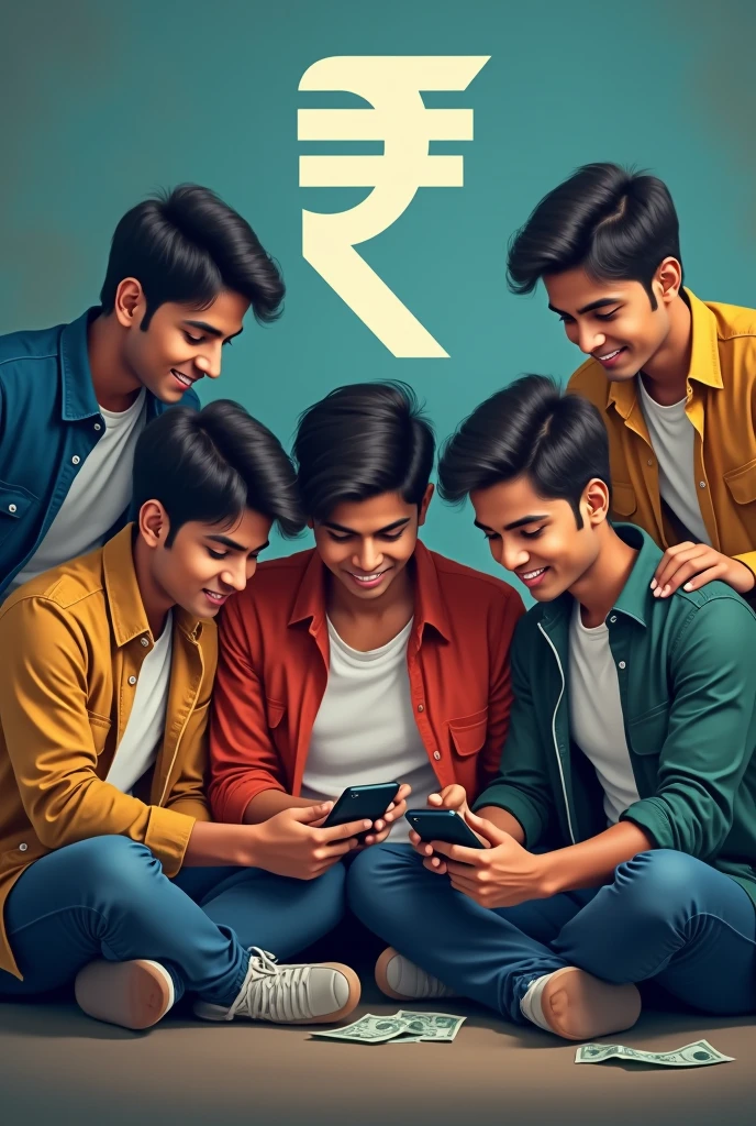 A group of 5 young Indian male students sitting around and using smartphones to earn money . Background contains the word "Money Minded" and Indian rupees symbol seen in background .