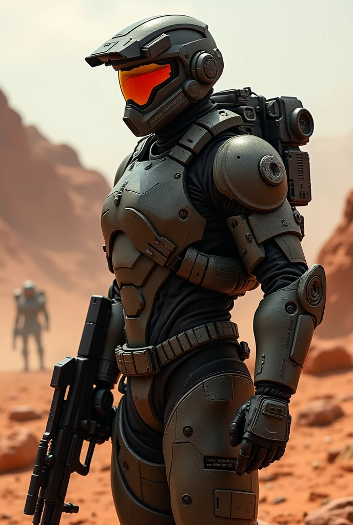 Dawnwesker6896 as Starship Trooper in Marauder suit, Shinji Aramaki's Starship Trooper version, tactical pose, close up, dynamic angle, space battlefield, mars terrain, ((photorealism:1,2)), realistic, masterpiece