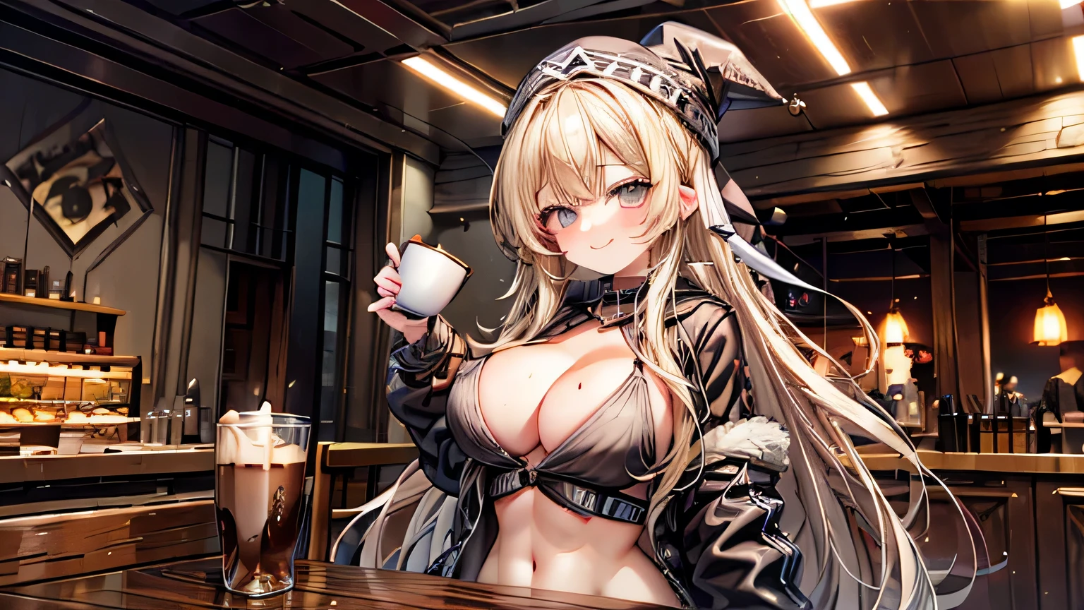 masterpiece, high quality, A pretty woman, Long hair, wavy hair, blonde hair, amber eyes, smiling face, big breasts, juicy breasts, Open shirt, short skirt, black jacket, black beanie hat, background of a coffee shop