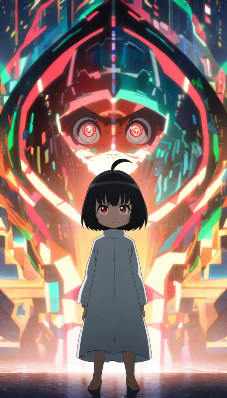 female child, Opening arms to the side of the body, serious expression, looking at viewer, looking to the left, looking up, bob cut, ahoge, black hair, messy hair, Eyes closed, red eyes, slant eyes, big eyes, sanpaku, red lips, The body glows white, Standing, Ocean of Data background, anime, hard-edged, full body shot, macro shot, front view, headshot, rule of thirds, Hard Light, cell anime, 2d anime, best hand