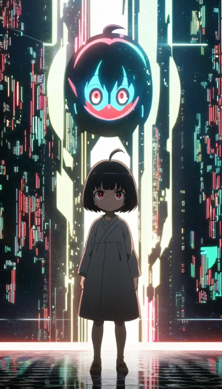 female , Opening arms to the side of the body, serious expression, looking at viewer, looking to the left, looking up, bob cut, ahoge, black hair, messy hair, Eyes closed, red eyes, slant eyes, big eyes, sanpaku, red lips, The body glows white, Standing, Ocean of Data background, anime, hard-edged, full body shot, macro shot, front view, headshot, rule of thirds, Hard Light, cell anime, 2d anime, best hand