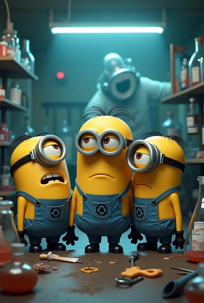Laboratory in chaos, with spilled chemical bottles and tered tools. Minion Kevin, Bob, and Stuart looked at each other with tired and disappointed faces after many failed experiments.. Light from a faulty scientist suit flickers, symbolizes failure