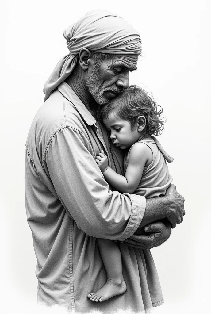 i want a poor man carrying his daughter with love in pencil Sketch formar