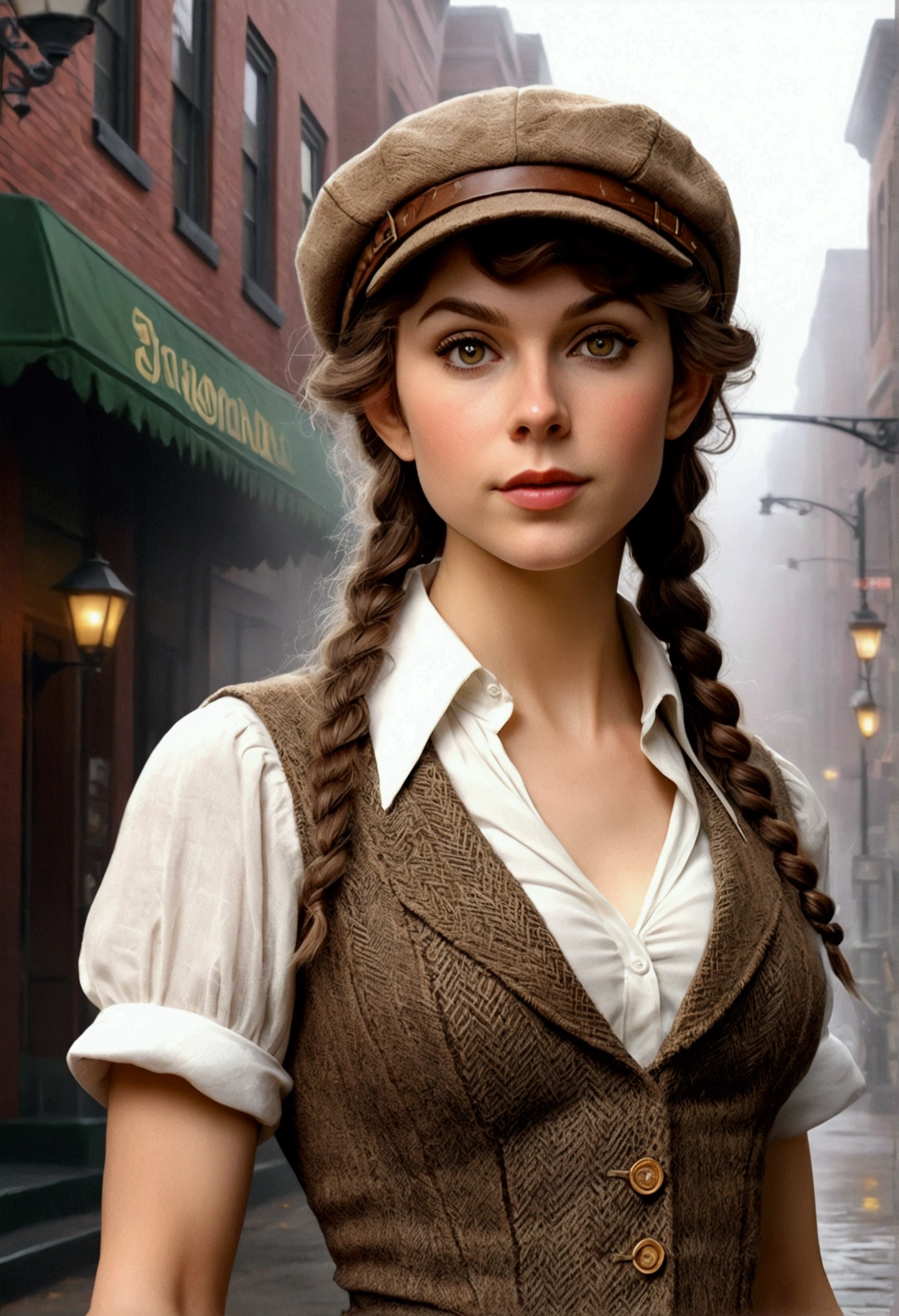 An illustrated movie poster, hand-drawn, full color, an elven maiden, wearing a tweed vest and a newsie cap, tall, toned, amazonian stature, athletic hourglass figure, busty bosom, long pointy elf ears, amber eyes, dark hair, curly bob cut, warm almond skintone, freckles, resembles Taylorr Swift, standing on a foggy Victorian-era street corner, graphite shading, stencil marks, airbrushed acrylic paint, masterpiece, elf ears
