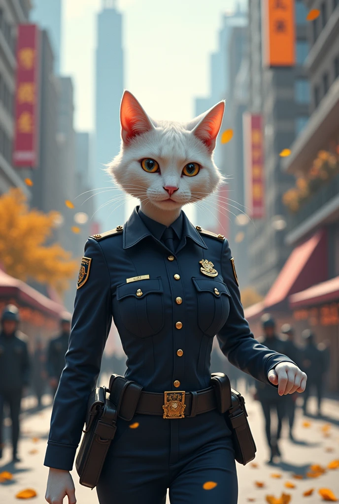 . **Felinora City Scene**:
   - A bustling city with a mix of modern skyscrapers and historic buildings. The streets are filled with people going about their day. In the foreground, a female white cat in human body police officer with a confident stance, wearing a standard police uniform but with subtle feline features like sharp eyes and a hint of cat-like agility in her posture, is on patrol. The atmosphere is crisp and autumnal, with golden leaves scattered on the ground.