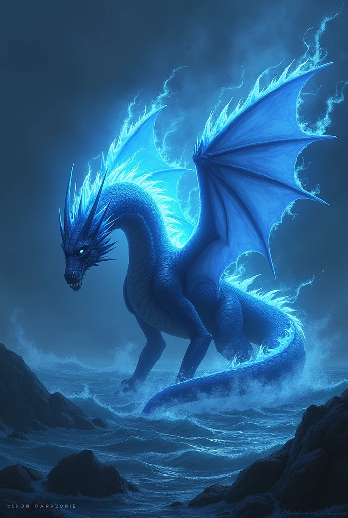Ice blue dragon  monster in the night sea his face like very dager and beautyfull and he has big wings ,wigns are fire in blue