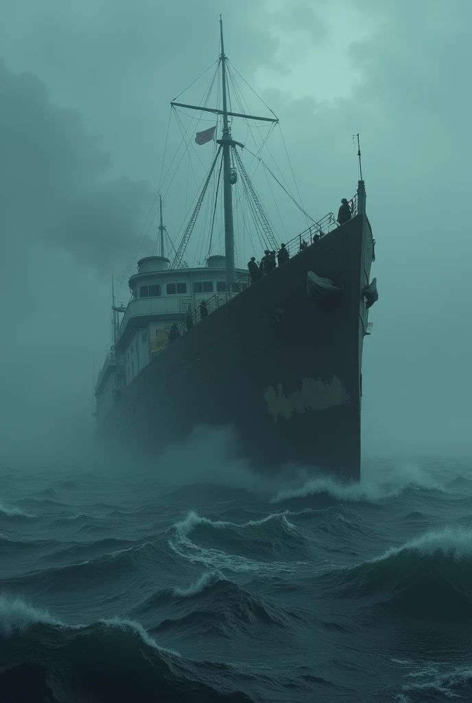 A old ship in the ocean in a dark misty background and rescue workers in inside the ship found people dead