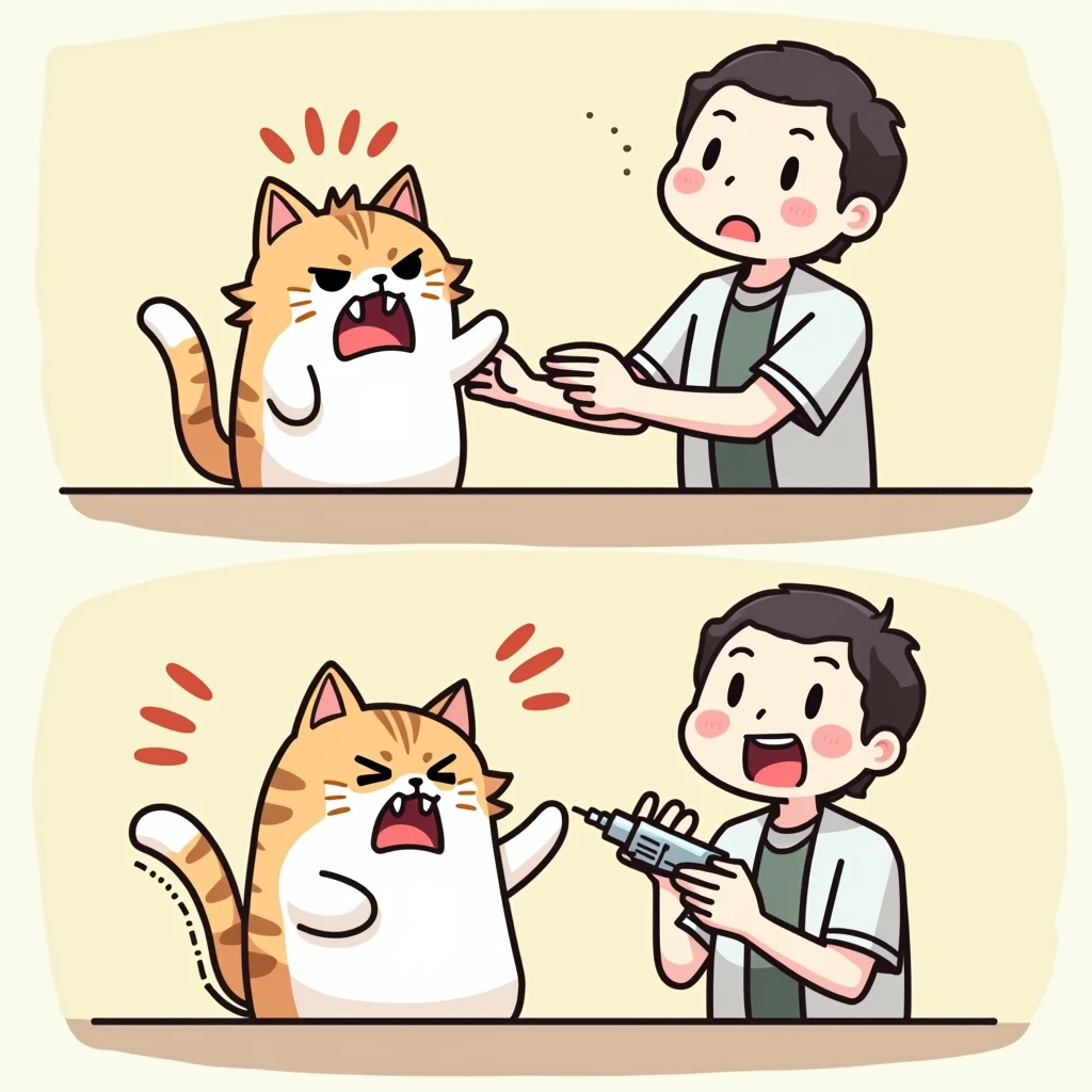 Chibi Style, 2-panel cartoon, dot halftone, Flat Color, Cat hates getting injections,A man is about to give a cat an injection in its buttocks.,I'm standing my hair up,The fangs are sharp, Angry, Anger Mark,