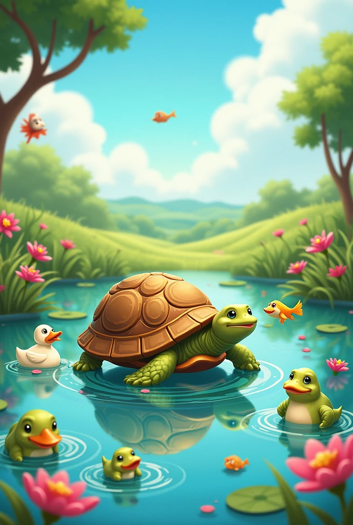 A turtle who's friends are duck, frogs, fishes and flowers in the pond 2d cartoon
