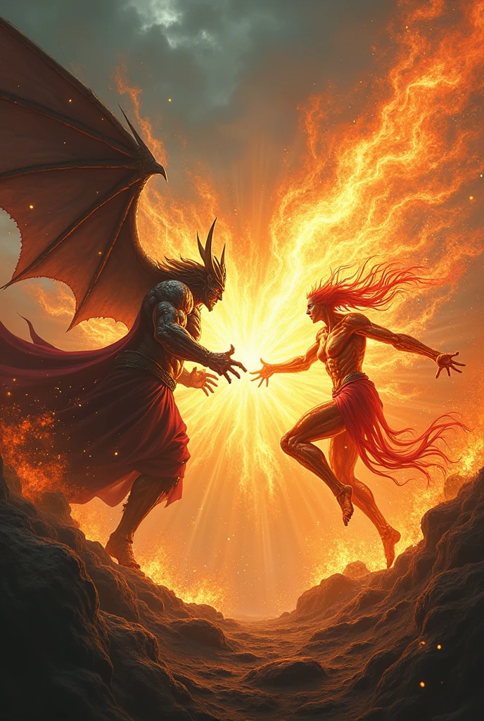 A god of death attacks another god of nature with fireballs