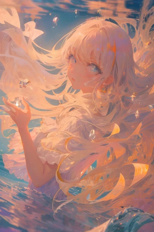 (High quality, 8K), (soft light), a girl, detailed face, detailed eyes, blue eyes, watercolor painting, pink dress, very magical, dreamlike, dreamy detail, dreamy atmosphere and drama, gorgeous atmosphere, dreamy Beautiful atmosphere, beautiful atmosphere, dreamlike romance, fantastic and dreamlike theme, magical environment Qi, beautiful atmosphere, anime background art, magical atmosphere + table top, dreamlike aesthetics, beautiful details with atmosphere, details Fine and beautiful five-fingered hands, gentle waves rising on the quiet beach at dawn It reflects the soft pink and orange shades of the sun. A young girl in a simple white dress walks barefoot along the coastline. Her hair flows gently in the morning breeze, looking ahead with a calm expression that symbolizes hope and a new beginning. The sky is vast and clear, and the light and thin clouds add to the quiet atmosphere. The sun is just above the horizon and shines golden when it comes into contact with water and sand. In the background, the calm sea and the shining sun work together to create infinite possibilities and a sense of bright future.