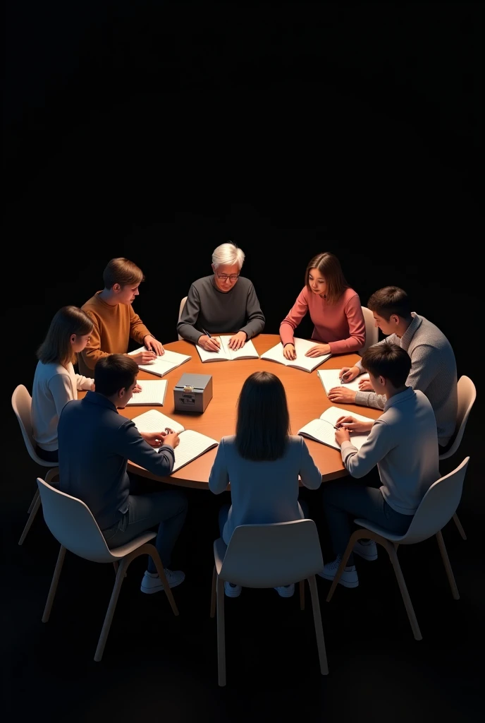 Generate ai image that consists of few people are seating in a round table that learning coding and making note in a book generate in a black background 