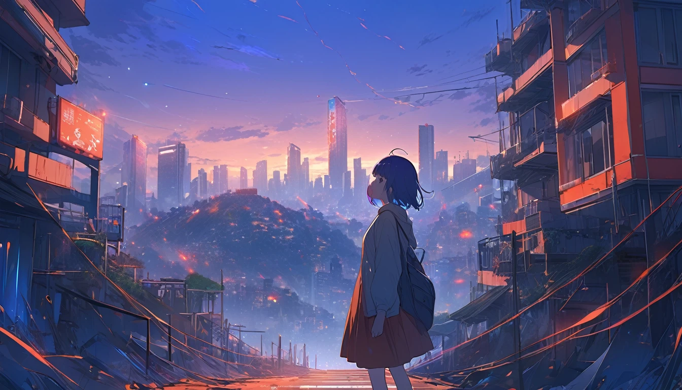 best quality, masterpiece, ultra detailed, city, landscape, scared, sad, excited, blue background, purple background, orange background, red background, dark fantasy, beautiful, long shot, wide shot, red, blue hues, pink, blue,Makoto Shinkai-style,