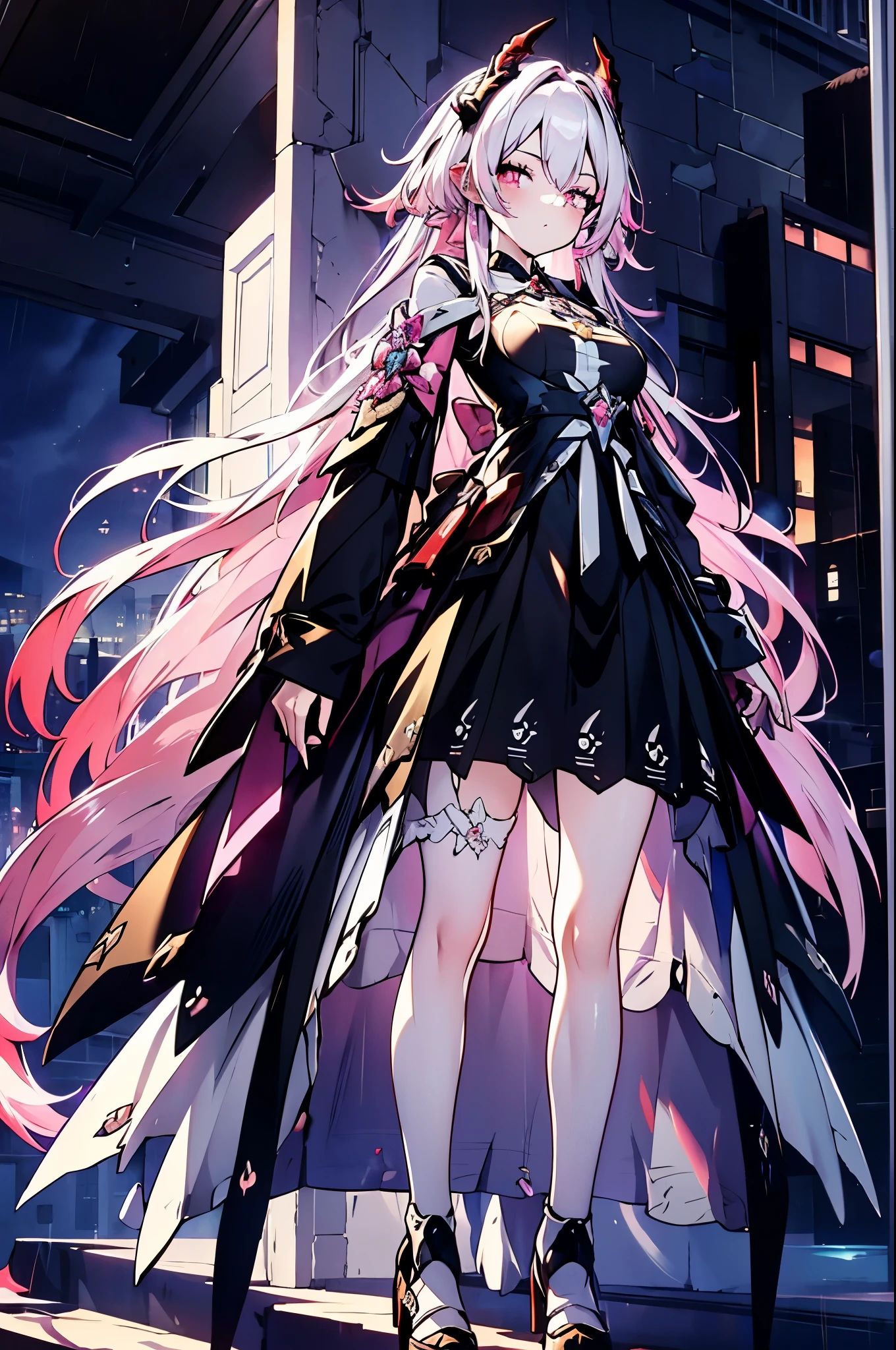 uhd, 4k, textured skin, good quality, High details, masterpiece, best quality, (Amazingly absurd:1.2), (masterpiece:1.2), 1 girl, dragon ear, Long dress, standing, dynamische pose:1.5, half-closed eyes, glowing red eyes, very long black hair, shiny hair , fullbody, two colored hair, hair ribbon, black knee socks, Kawaiitech, soft colours, Kawaii, Beautiful colors, thunderstrike in the background, (Rain:1), (Night:2), (landscape:1)