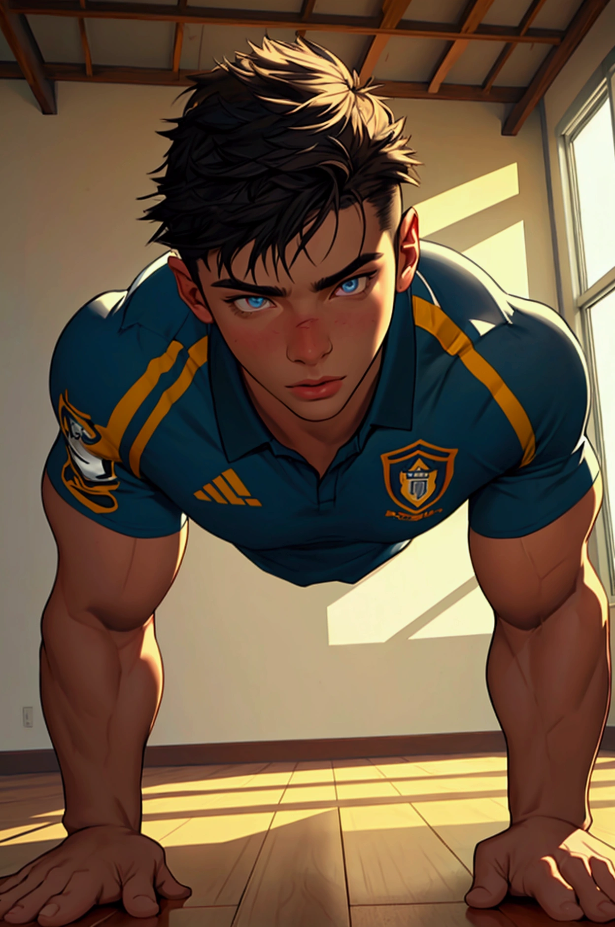 a muscular young man in a soccer uniform doing push-ups on the floor, realistic, photorealistic, high detail, extremely detailed face and body, beautiful detailed eyes, beautiful detailed lips, extremely detailed facial features, muscular body, intense expression, natural lighting, warm color tones, dynamic pose, sports equipment, indoor setting, documentary style