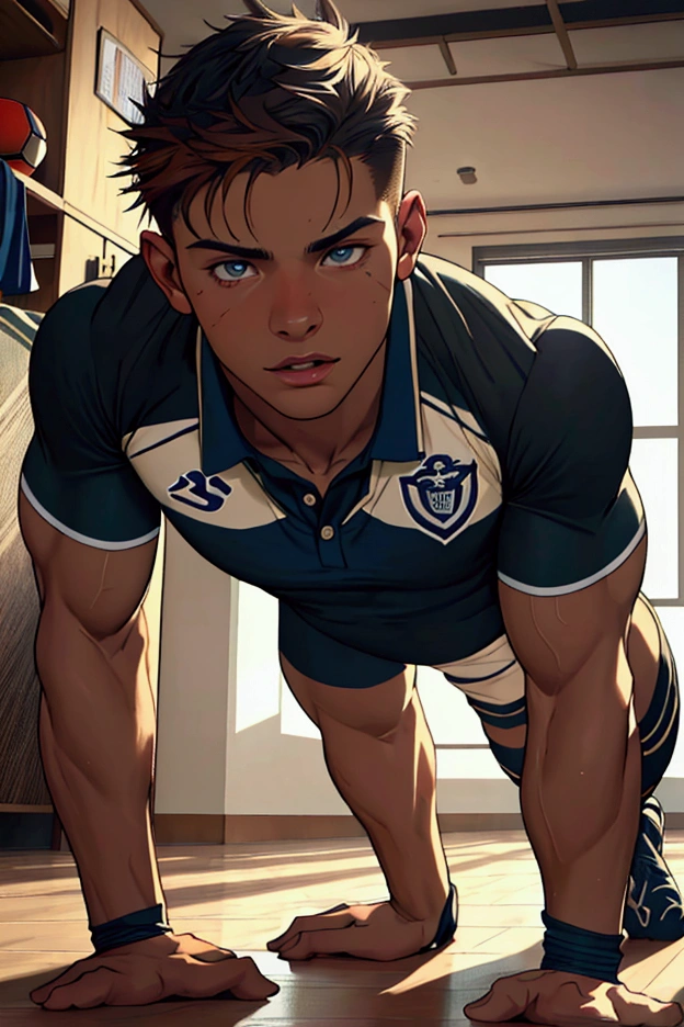 a muscular young man in a soccer uniform doing push-ups on the floor, realistic, photorealistic, high detail, extremely detailed face and body, beautiful detailed eyes, beautiful detailed lips, extremely detailed facial features, muscular body, intense expression, natural lighting, warm color tones, dynamic pose, sports equipment, indoor setting, documentary style