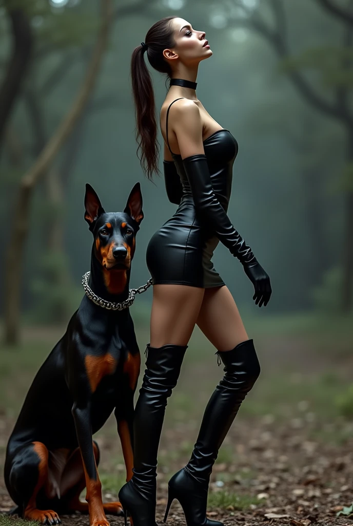 (Photorealism:1.2), White woman posing sideways on camera, wearing a black outfit consisting of a top and a short skirt, and long boots that reach up to the thighs. She is wearing long black gloves. The hair is brown and is tied in a high ponytail..  The woman poses outside confidently and upright, with the head tilted slightly back, and holding a chain that is attached to a black Doberman. The image has a dark tone, highlighting the contrast between the woman&#39;s clothes and skin.